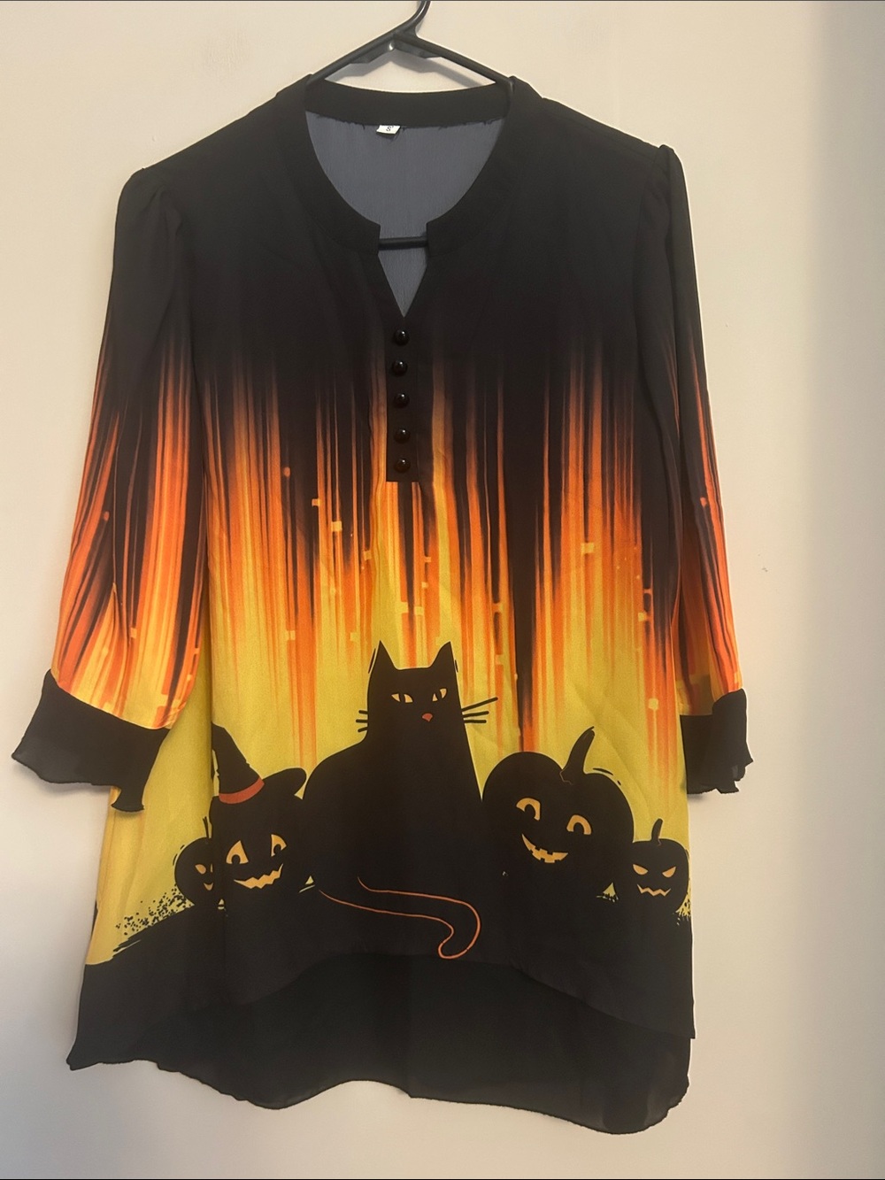 Halloween Cat & Jack-O'-Lantern Tunic Top - Black/Orange/Yellow size small